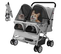 Betsocci Double Pet Stroller for 2 Small Dogs & Cats, Side-by-Side Twin Travel Carriage with Safety Leashes, Mesh Windows & Double Storage Baskets, Lightweight & Foldable, 44lbs Capacity, Gray