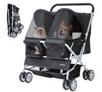 Betsocci Double Pet Stroller for 2 Small Dogs & Cats, Side-by-Side Twin Travel Carriage with Safety Leashes, Mesh Windows & Double Storage Baskets, Lightweight & Foldable, 44lbs Capacity, Black