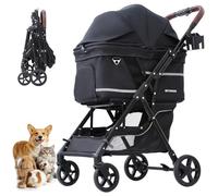 Betsocci NO-Zip Pet Stroller for Small Dogs & Cats, Lightweight Dog Stroller with Reflective Safety Strips, One-Hand Fold, Claw-Proof Mesh, Breathable Travel Carriage, 33lbs Capacity, Black