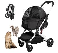 BETSOCCI Pet Stroller for Medium Small Dog & Cat, Foldable Lightweight Dog Stroller with Storage Basket Pet Travel Carriage with Safety Leashes, 4 Wheel, Black