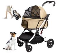 Betsocci Pet Stroller for Small Medium Dogs Cats with Storage Basket Cat Stroller Travel Carrier Strolling Cart with Safety Leashes, Khaki