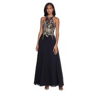 Betsy & Adam Women's Long Embroidered Halter Chiffon Gown Special Occasion Dress, Black/Gold, 10
