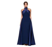 Betsy & Adam Women's Scuba Crepe Halter Neck Satin Overlay Floor Length Dress Special Occasion, Navy, 18