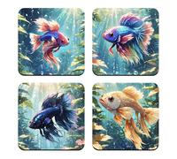 Betta Fish Coaster Set, 4 x Siamese Fighter Art 9cm Glossy Wood Coffee Drinks Mats Gift