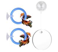 Betta Fish Tank Accessories Set, Includes 1 Fish Mirror with Floating Ball, 2 Exercise Training Rings, and 2 Suction Cups Enrichment Toy Decorations Accessories with Holder for Betta Aquarium (Blue)