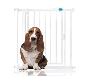 Bettacare Automatic Closing Dog Gate, White, 61cm - 66.5cm | Pressure fit, no drilling, one-handed opening, double locking, auto-close, easy install.