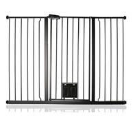 Bettacare Pet Gate with Lockable Cat Flap, 133.2cm - 140.8cm, Black, 104cm in Height, Extra Tall Dog Safety Barrier with Cat Flap, Easy Installation