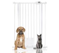 Bettacare Tall Pet Gate with Cat Flap, White, 75cm - 84cm | 104cm high, pressure fit, lockable cat flap, no drilling required, one handed opening, easy install