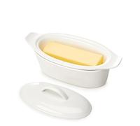 Better Butter & Beyond Large Butter Dish with Lid - Airtight Butter Keeper Container Holds Up to 2 Sticks of Butter - Porcelain Container with Beech Wooden Lid, White,