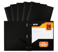 Better Office Products Black Plastic 2 Pocket Folders with Prongs, Heavyweight, Letter Size Poly Folders, 24 Pack, with 3 Metal Prongs Fastener Clips, Black