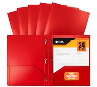 Better Office Products Red Plastic 2 Pocket Folders with Prongs, Heavyweight, Letter Size Poly Folders, 24 Pack, with 3 Metal Prongs Fastener Clips, Red