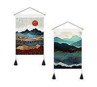BetterJonny 2 Pack Mountain Wall Art, 35cmx50cm Japanese Misty Forest Tapestry with Tassels for Bedroom