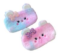 BetterJonny Set of 2 Pencil Case for Girls, Cute Rainbow Pencil Case Cuddly Plush Pencil Cases with Cute Pink Blue Bear Pattern