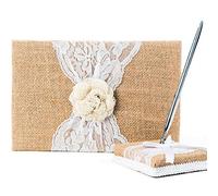 BETTERLINE Rustic Wedding Guest Book Made of Burlap and Lace - Includes Matching Pen Holder and Silver Pen - 120 Lined Pages for Guest Thoughts - Comes in Gift Box (White Flower)
