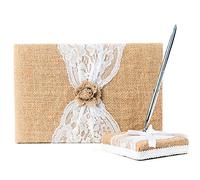 BETTERLINE Rustic Wedding Guest Book Made of Burlap and Lace - Includes Matching Pen Holder and Silver Pen - 120 Lined Pages for Guest Thoughts - Comes in Gift Box (Burlap Flower)
