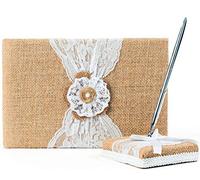 BETTERLINE Rustic Wedding Guest Book Made of Burlap and Lace - Includes Matching Pen Holder and Silver Pen - 120 Lined Pages for Guest Thoughts - Comes in Gift Box (Pearl Flower)