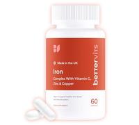 Bettervits Iron Tablets High Strength | Iron Supplements for Women and Men - Ferrous Bisglycinate Formulation | Active Vitamins C, B6, B9, B12, Zinc, Copper | Energy and Vitality - 60 Capsules