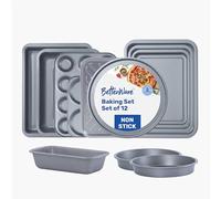 BetterWare Essentials Non-Stick 12 Piece Baking Set | Inc. 3 x Oven Trays, 2 x Sandwich Tins, 1 x Pizza & Crisper Set, 1 x Roaster & More | Dishwasher Safe with Stackable Design | Made in Britain