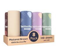 Betterway Bamboo Natural Brown Paper Towels - 8 Rolls, 2 Ply, 110 sheets - Plastic Free, Disposable Kitchen Paper Towels - Select Size, Tree Free, Compostable, Strong & Absorbent - Unbleached, No Dyes