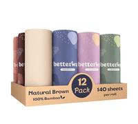 Betterway Bamboo Paper Towels 12 Pack - Unbleached, Non Toxic, PFAS Free - 140 Sheets/Roll, 2-Ply, No Plastic, No Dyes, Eco Friendly, Compostable, Sustainable, FSC Certified, Natural Brown