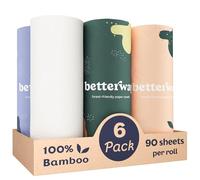 Betterway Bamboo Paper Towels - 6 Rolls, 2 Ply - Plastic Free, Disposable Kitchen Paper Towels - Select Size, Tree Free, Compostable, Strong & Absorbent, No Dyes