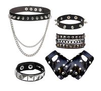 Bettinay 5 Pcs Emo Accessories Set, Goth Choker Studded Bracelet Punk Fingerless Leather Gloves for Woman Man Fancy Dress Halloween