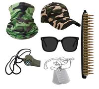 Bettsolt 6Pcs Army Costume Accessories, Halloween Military Cosplay Costume Set with Camo Hat Bullet Belt Sunglasses Dog Tag Necklace Solider for Adults Halloween Fancy Dress Up Supplies