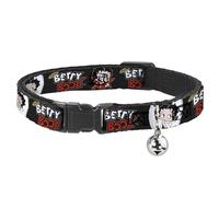 Betty Boop Breakaway Cat Collar With Bell, Plastic Clip, Easy Adjustable, Betty Boop Angel and Devil Poses With Text Black White Red, 8.5 to 12 Inches 0.5 Inch Wide