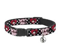 Betty Boop Breakaway Cat Collar With Bell, Plastic Clip, Easy Adjustable, Betty Boop Face and Text Hearts Black White Red, 8.5 to 12 Inches 0.5 Inch Wide