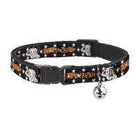 Betty Boop Breakaway Cat Collar With Bell, Plastic Clip, Easy Adjustable, Betty Boop Salute Pose and Text Stars Black White Yellow Red, 8.5 to 12 Inches 0.5 Inch Wide