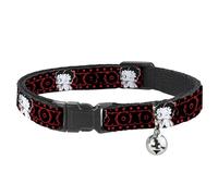 Betty Boop Breakaway Cat Collar With Bell, Plastic Clip, Easy Adjustable, Betty Boop Winking Kiss Pose XOXO Text Polka Dot Black Red, 8.5 to 12 Inches 0.5 Inch Wide