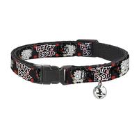 Betty Boop Breakaway Cat Collar With Bell, Plastic Clip, Easy Adjustable, Betty Boop Zombie Betty and Text Polka Dot Black Red White, 8.5 to 12 Inches 0.5 Inch Wide