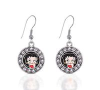 Betty Boop Circle Charm Earrings French Hook Clear Crystal Rhinestones