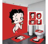Betty Red Bathroom 4 Pieces Set Shower Curtain, Toilet Lid Cover and Bath Mat, Non-Slip Rugs, Durable and Waterproof, for Bathroom Decor Set, 72" x 72"