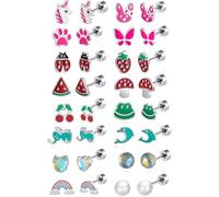 BETTY&SARAH Screw Back Earrings for Girls 16 Pairs | 316L Stainless Steel Flat Back Earrings for Sensitive Ears | Animal & Fruit Stud Earrings (Unicorn, Butterfly, Dog Paw, Strawberry Stud Earrings)