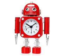 Betus [Non-ticking Robot Alarm Clock Stainless Metal - Wake-up Clock with Flashing Eye Lights and Hand Clip (Ruby Red)