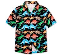 Betusline Boys Mens Hawaiian Short Sleeve Button Down Shirt, Black Dinosaur, 8-9 Years