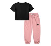 Betusline Girls 2 Piece Outfit Set, Short Sleeve Crop Top & Cargo Jogger Pants Trendy Casual Clothes, Girl Clothes Set,4T-14Y, A Black + Pink, 11-12 Years