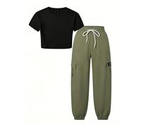 Betusline Girls 2 Piece Outfit Set, Short Sleeve Crop Top & Cargo Jogger Pants Trendy Casual Clothes, Girl Clothes Set,4T-14Y, A Black + Green, 11-12 Years