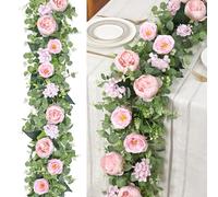 Betylifoy 2 Pack 30cm Pink Flower Wreath Artificial Eucalyptus Flower Garlands Fake Peony Rose Flowers Vine Silk Hydrangea Hanging Vine Greenery Garland for Wedding Party Table Wall Background Decor