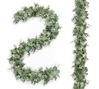 Betylifoy Artificial Eucalyptus Garland Artificial Greenery Garland 2PCS 5.9Ft Fake Foliage Faux Hanging Greenery Vines Fake Garlands for Outside Wedding Table Decor (Green with flower-2PCS)