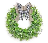 Betylifoy Artificial Eucalyptus Wreath for Front Door 22'' Green Maple Leaves Wreaths with White Flower Spring Summer Greenery Wreath for Window Wall Home Porch Farmhouse Garden Decor (Bow)