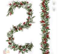 Betylifoy Christmas Garland - 13.1FT Artificial Holly Leaves and Red Berries With Pine Cones - 2PCS Table Decor for Stairs, Fireplace, Holiday Decorations