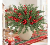 Betylifoy Christmas Norfolk Pine Stems with Red Berries 40PCS Artificial Pine Branches Faux Berry Stems Christmas Picks Fake Foliage Needles for XMAS DIY Holiday Parties Decoration