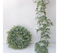 BEU Artificial Plants Eco-friendly Quality 20in Eucalyptus Wreath and 6ft Eucalyptus Garland Set Foggy Green Best Decorative for Home Shop Office Hotel Library