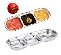 Beufee 2 Pack Stainless Steel Sauce Dish, 3 Grid Divided Sauce Bowl Seasoning Soy Sauce Dipping Plate Ketchup Dipping Bowls Tray for Home Restaurant, 21.5x8x2.4cm