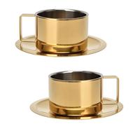 Beufee 2Pcs Espresso Cups and Saucers, Gold Coffee Mug Stainless Steel Demitasse Cups Exquisite Luxury Small Coffee Containers for Latte Cappuccino Tea, 200ML