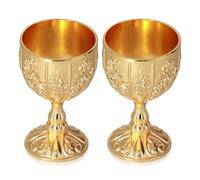 Beufee 2Pcs Gold Goblet Cup, Vintage Chalice Goblet Metal Embossed Handmade Short Wine Goblet Embossed Wine Liqueur Cup Shot Glass for Home Bar(01)
