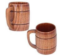 Beufee 2PCS Wood Beer Mug, 300ml Handmade Wooden Tea Cup Wooden Beer Mug with Handle Vintage Bar Accessories Barrel Cup for Tea Drinking