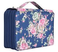 Beufee Colored Pencil Case, 252 Slots Leather Pencil Holder Marker Organizer case Pen Holder Storage Pocket (Rose Flower on Blue Background)